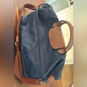 Longchamp Blue and Brown Travel Bag with Leather Trim